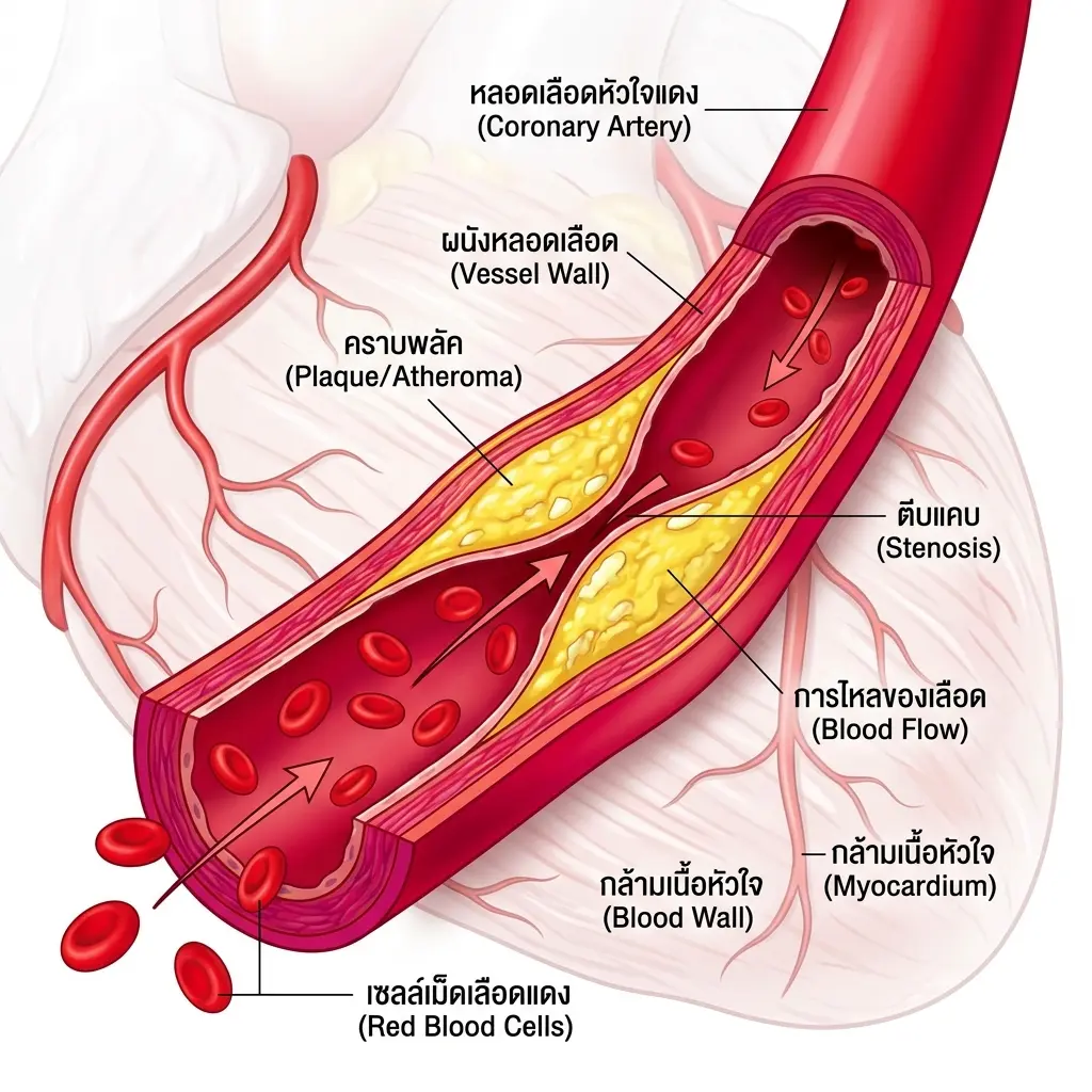 โรคหลอดเลือดหัวใจตีบ อาการ เจ็บหน้าอก สาเหตุ และวิธีทำบอลลูน
